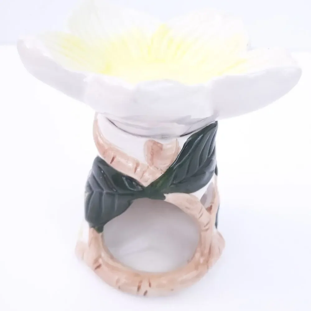 Tea Light Holder Floral, Leaf Design, Ceramic Woodland Yellow, Green